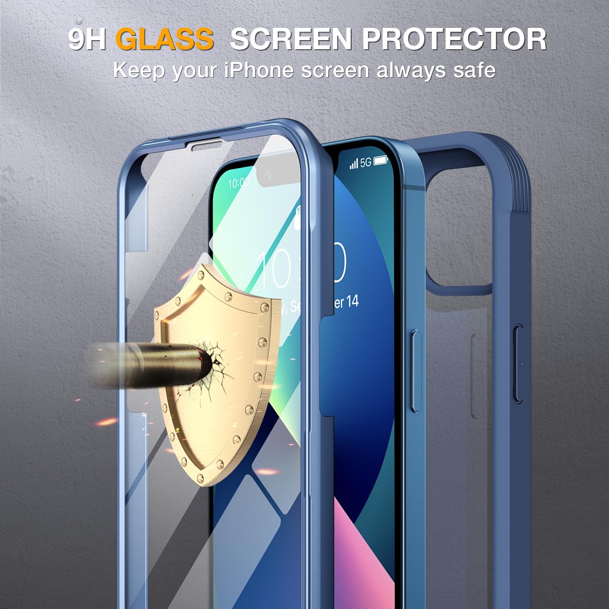 Miracase for iPhone 13 mini Case 5.4",Full-Body Protection,Clear Bumper Case with Built-in 9H Tempered Glass Screen Protector,Military-Grade Drop Protection Outdoor Phone Case for 13 mini,Dark Blue