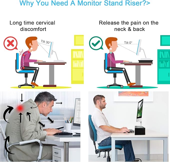 Marbrasse Monitor Stand Riser, 16.5 Inch 2 Tier Computer Printer Shelf Stand for Laptop Computer Screen Storage, Desktop Stand with Phone Holder and Cable Management Black