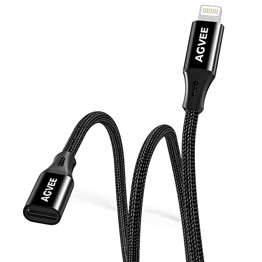 AGVEE 2 Pack 6.6ft Lightning Extension Cable, Braided Female to Male Extender Full Function Cord Compatible with iPhone iPad, Data Sync Video Audio & Charging Connector Adapter, Black