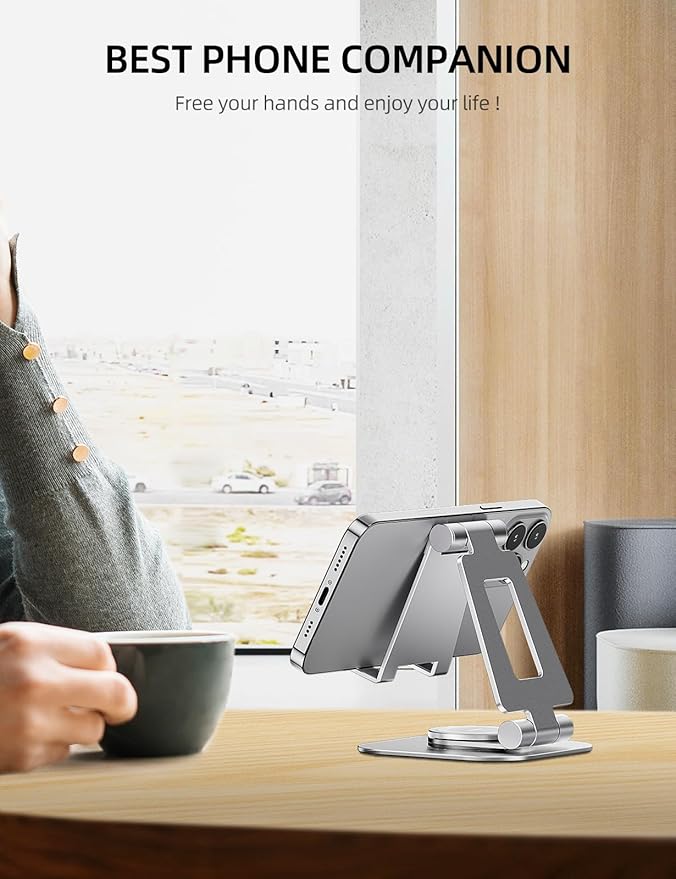 Nulaxy Rotatable Cell Phone Stand, Fully Adjustable Foldable Desktop Phone Holder Cradle Dock, Thick Case Friendly, Compatible with All Phones, Nintendo Switch, Silver