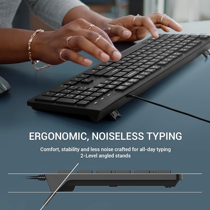 Computer Keyboard Wired, Plug Play USB Keyboard, Low Profile Chiclet Keys, Large Number Pad, Caps Indicators, Foldable Stands, Spill-Resistant, Anti-Wear Letters for PC Laptop (Black, 1-Pack)