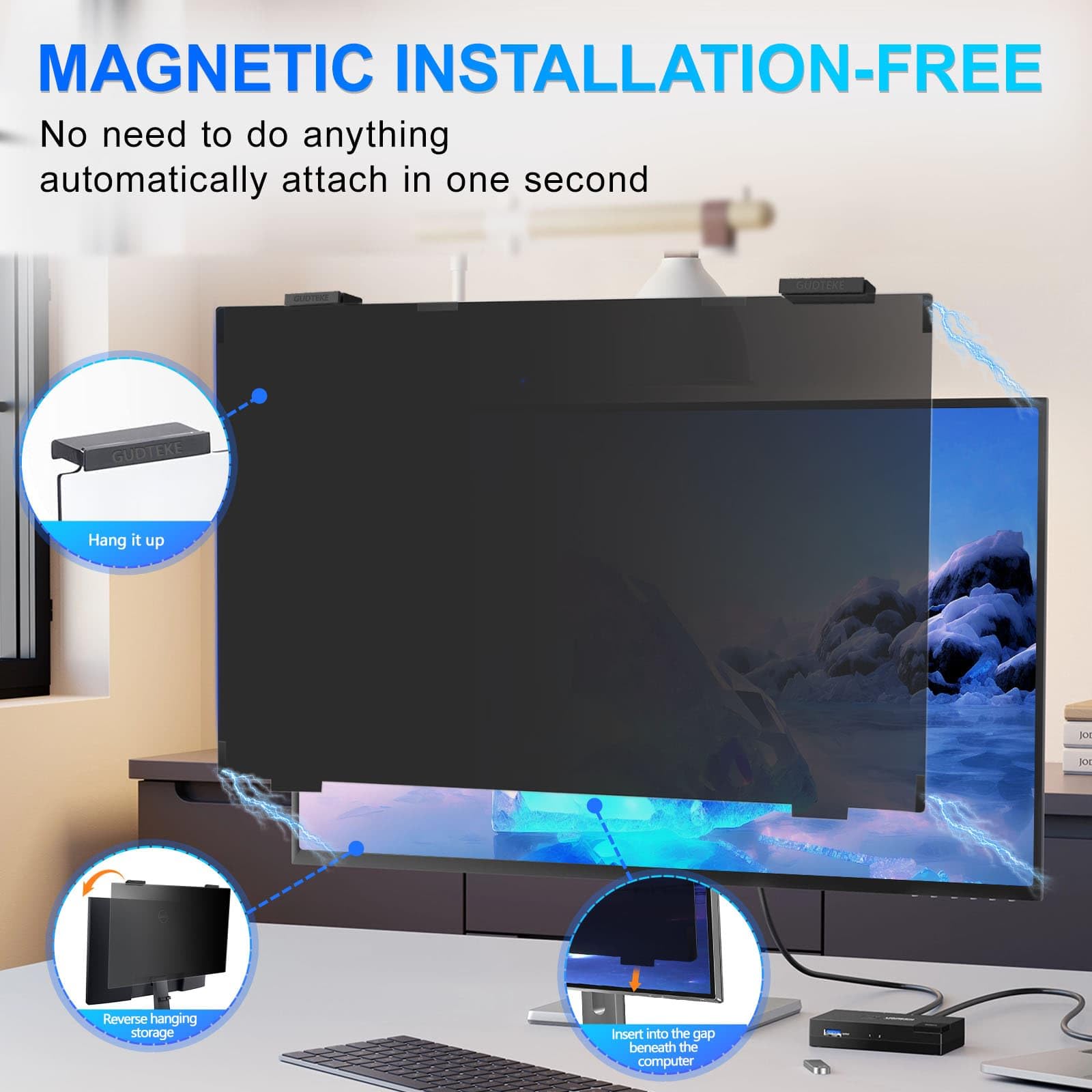 GUDTEKE Magnetic 24 Inch Privacy Screen for Computer Monitor 16:9 Aspect Ratio, Hanging Removable Anti-Blue/Glare Protector Film, Anti Spy Desktop Security Private Filter 24in