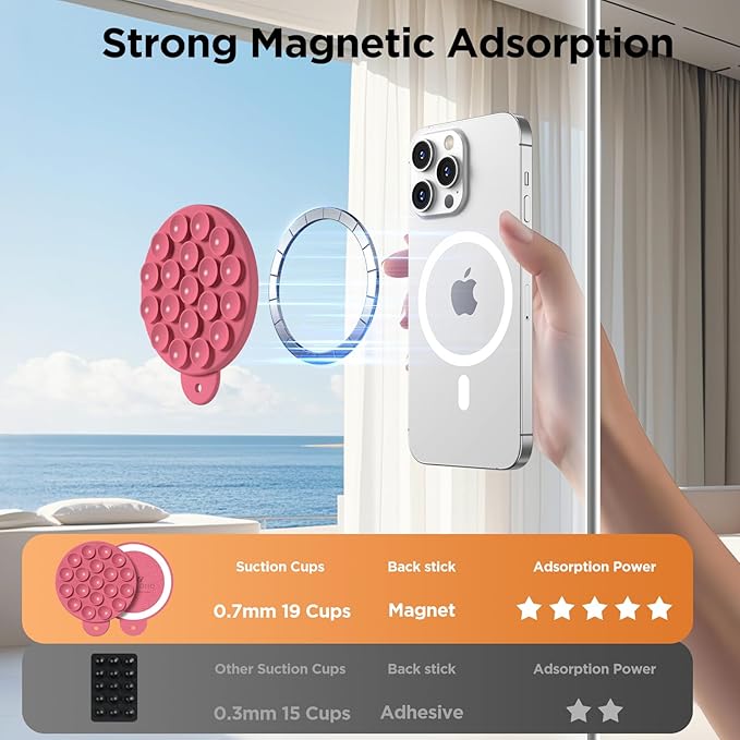 Magnetic Suction Cup Phone Mount for MagSafe Case, Silicone Hands-Free Grip Holder for iPhone and Android, Mirror Shower Phone Stand for Makeup FaceTime Gym Kitchen Bathroom, Camellia Red