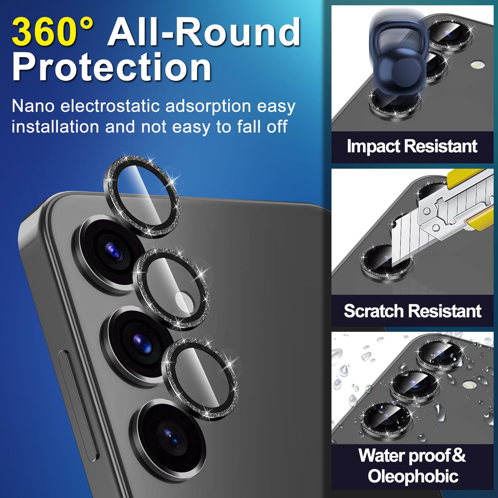 Avocase for Samsung Galaxy S25 Camera Lens Protector, Individual Metal Ring Tempered Glass Lens Cover, [Strong Adsorption] Scratch Resistant Ultra-Thin HD Clear Lens Cover, 1 Set-Black Sparkly