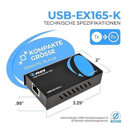 OREI USB Over Cat5e/6 Extender Upto 165 Feet - Extends USB 2.0 Signal Over LAN Ethernet with 2 Ports - Power Over Cable for Long Distance Extension Supports All Operating System (USB-EX165-K)