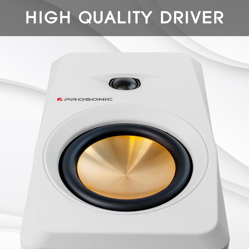 Prosonic BT30 White Bookshelf Speakers - Active Bluetooth 5.3 Powered Studio Monitors, 80W Desktop Computer Audio System with Optical/Coaxial/Aux for Turntable, Home Theater, TV & PC
