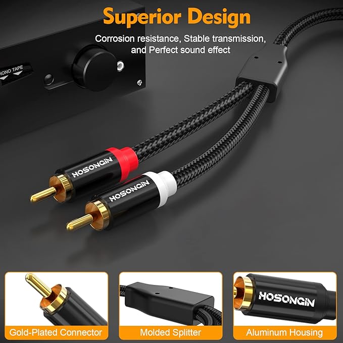 HOSONGIN RCA Cables 15ft 2 Pack[Hi-Fi Sound, Nylon Braided, Shielded], 2-Male to 2-Male RCA Audio Stereo Subwoofer Cable Auxiliary Cord for Home Theater, HDTV, Amplifiers, Hi-Fi Systems, Speakers