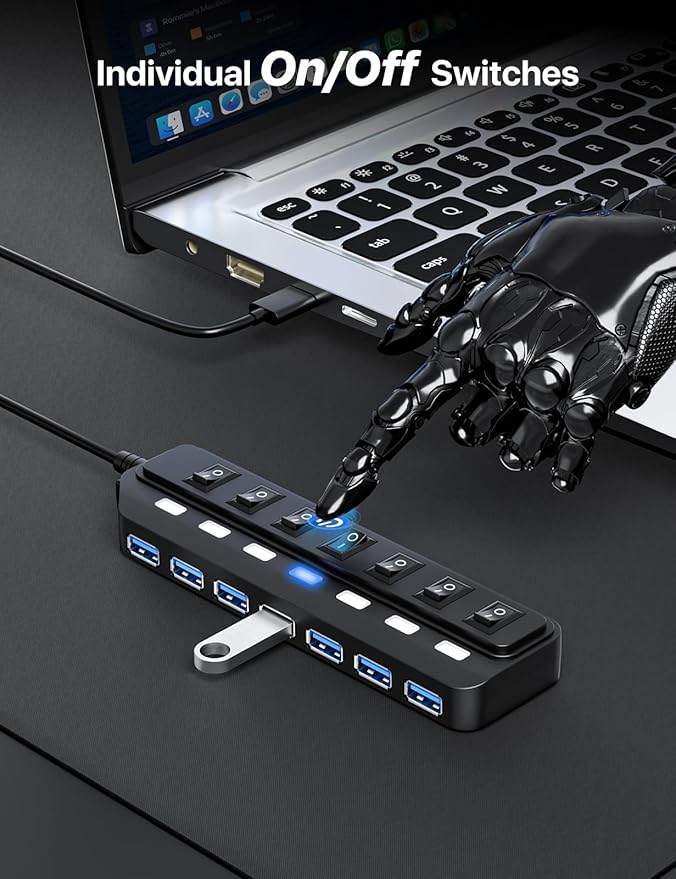 USB Hub 7 Port,USB 3.0 Hub Splitter with Individual On/Off LED Switches, USB Hub for PC 5Gbps HighSpeed Data for Laptop, MacBook, Mac Pro, Mac mini, iMac, Surface Pro and More