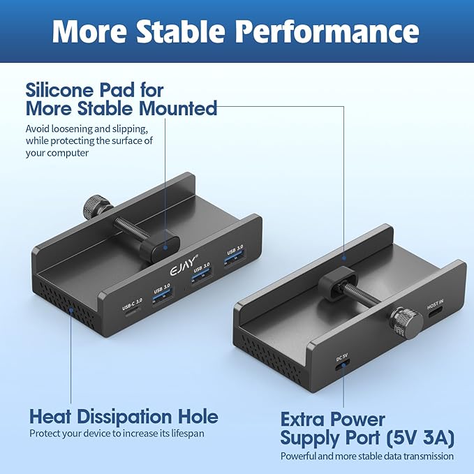 EJAY Mountable 4Ports USB3.0 HUB Alu Desktop Clamp Type C USB3.0 Splitter for Desk/Monitors with Extra Power Supply Port,59inches Data & 39inches Power Cables-5Gbps(3A1C) (JK-3A1C-BK)