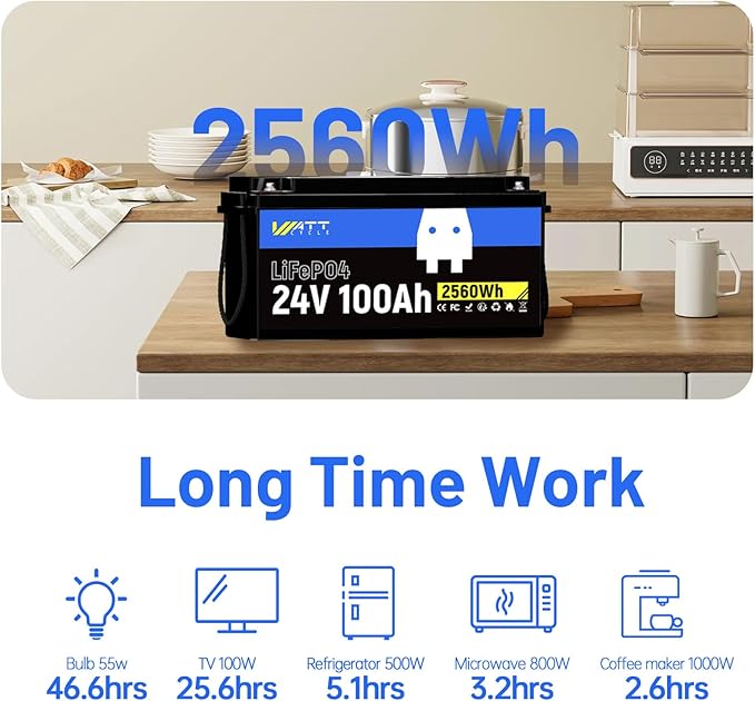 24V 100Ah LiFePO4 Lithium Rechargeable Battery, Max.2560Wh, Built-in 100A BMS, A+ Cells, Low-Temperature Protection, Higher Power Output Efficiency - Ideal for RVs, Other 24V Equipment