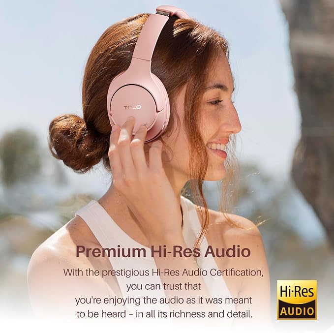 TOZO HT2 Hybrid Active Noise Cancelling Headphones, Wireless Over Ear Bluetooth Headset, 60H Playtime, Hi-Res Audio Custom EQ via App Deep Bass Comfort Fit Ear Cups, for Home Office Travel Pink