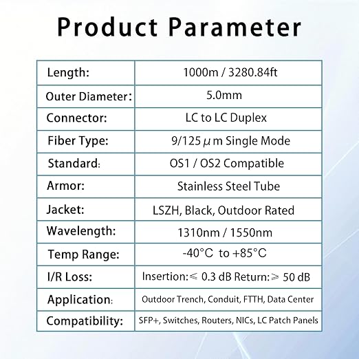 1000M/3281FT LC to LC Armored Outdoor Fiber Optic Cable, Single Mode Duplex 9/125μm SMF Fiber Patch Cord, OS1/OS2 Compatible, Black LSZH Jacket, Uniboot Jumper for FTTH, Data Center, Long-Distance Use