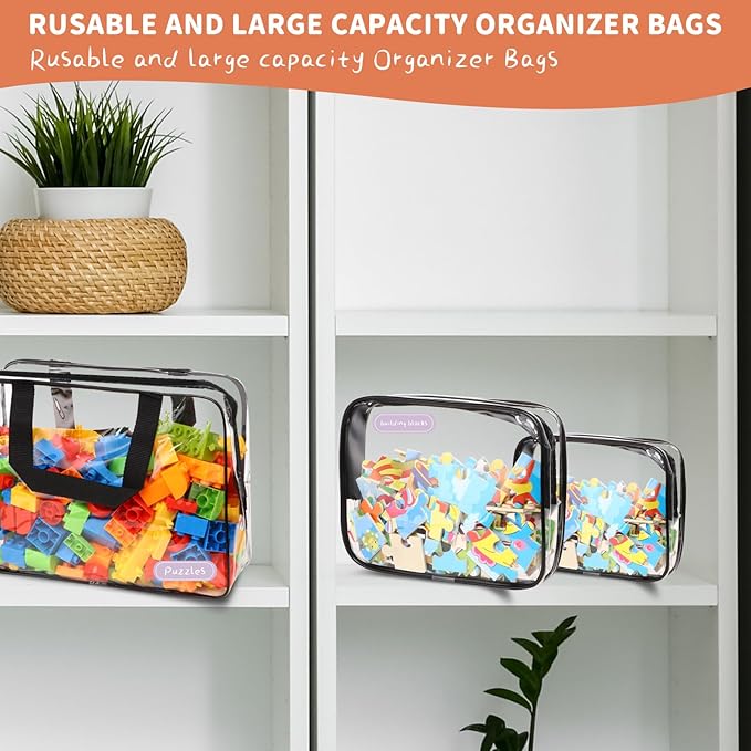18 Packs Large Toy Storage Bags with Labels, Clear PVC Bags Travel Waterproof Kids Toy Organizer Bags with Zipper for Building Blocks Puzzle Kids Books (Black)