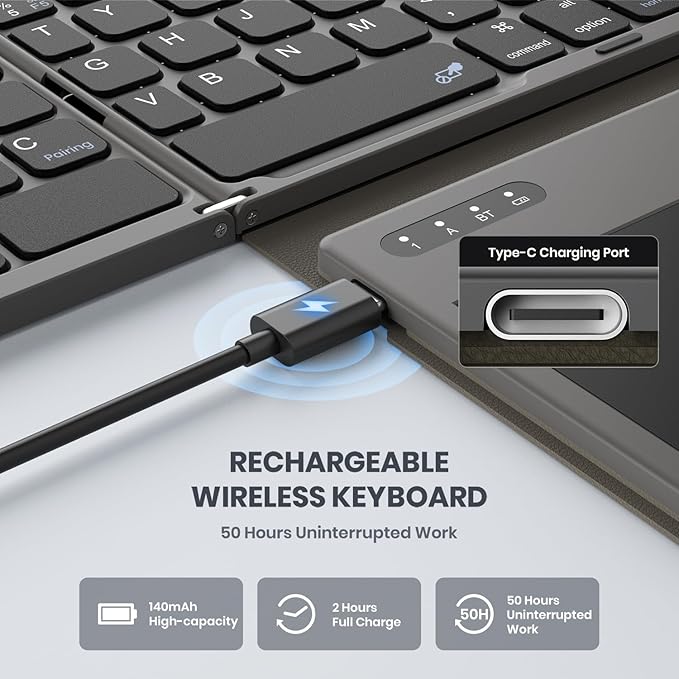 Foldable Bluetooth Keyboard, Portable Full Size Folding Keyboard with Large Touchpad, Numeric Keypad, PU Leather, Wireless TravelKeyboard for Windows iOS Android Mac(Grey)