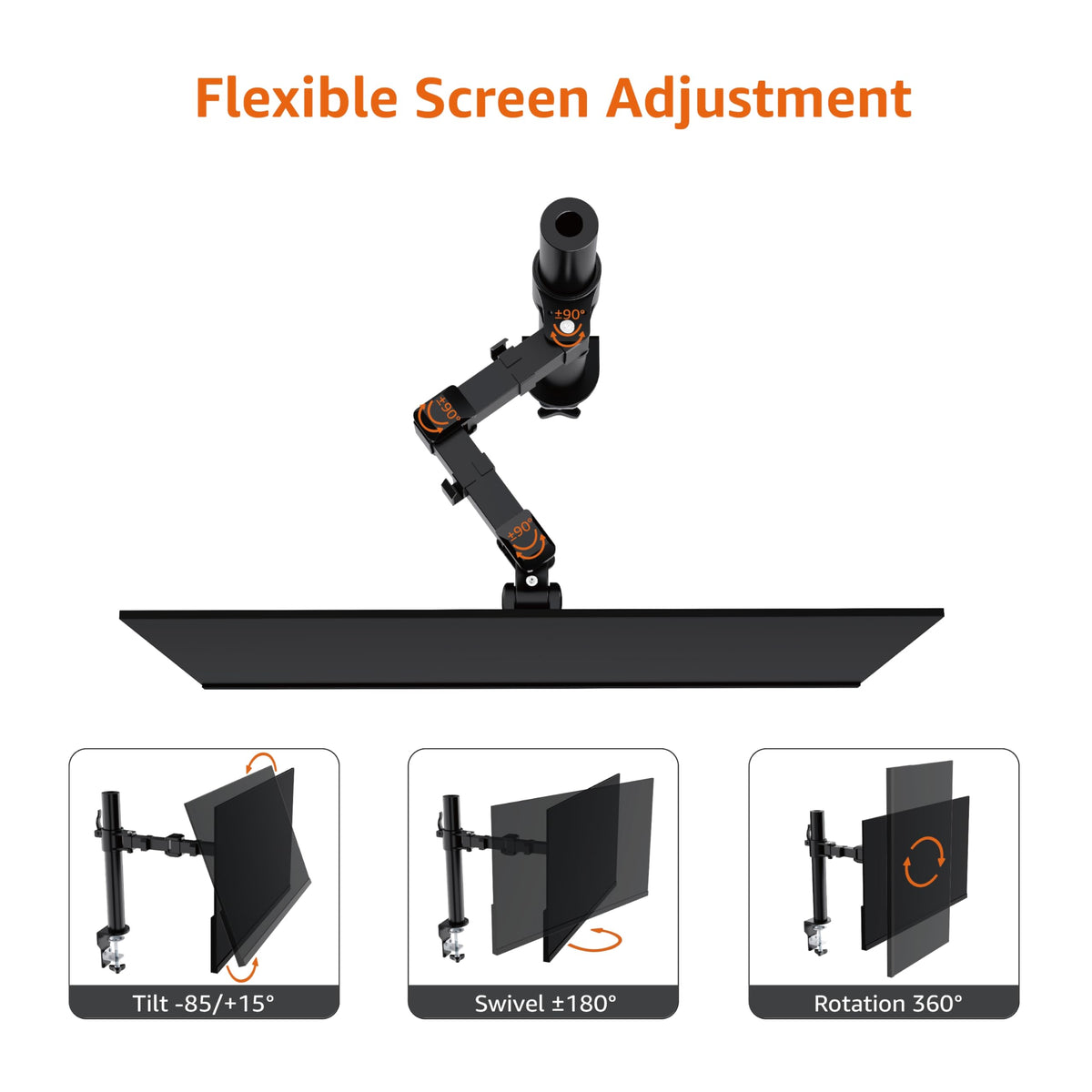 Amazon Basics Single Computer Monitor Stand with Cable Management, Height Adjustable VESA Desk Arm Mount, Fully Adjustable Tilt and Rotation, Steel, Black, Fits 13-30" Screens