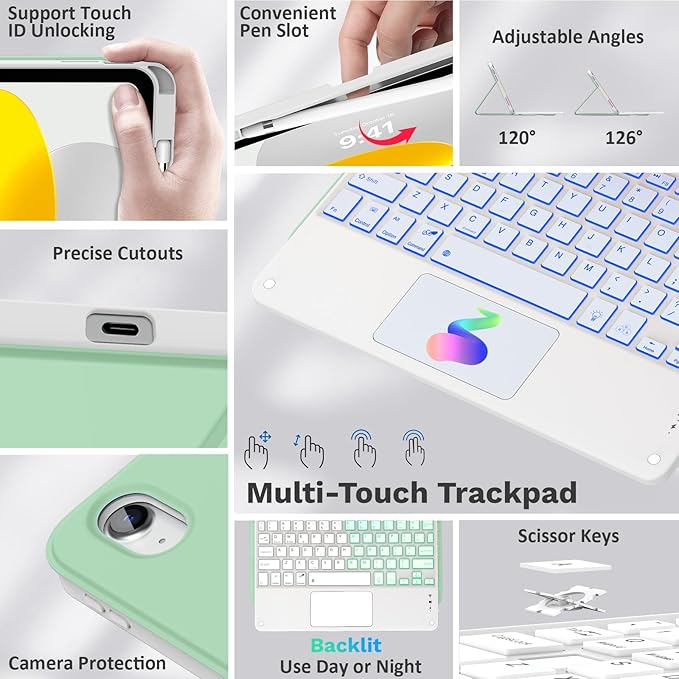 MoKo Touch Keyboard Case for iPad (A16) 11th Generation 11 inch 2025, iPad 10th Generation 10.9 inch Case with Pencil Holder, 7 Colors Backlit Multi-TrackPad Detachable Bluetooth Keyboard, Green