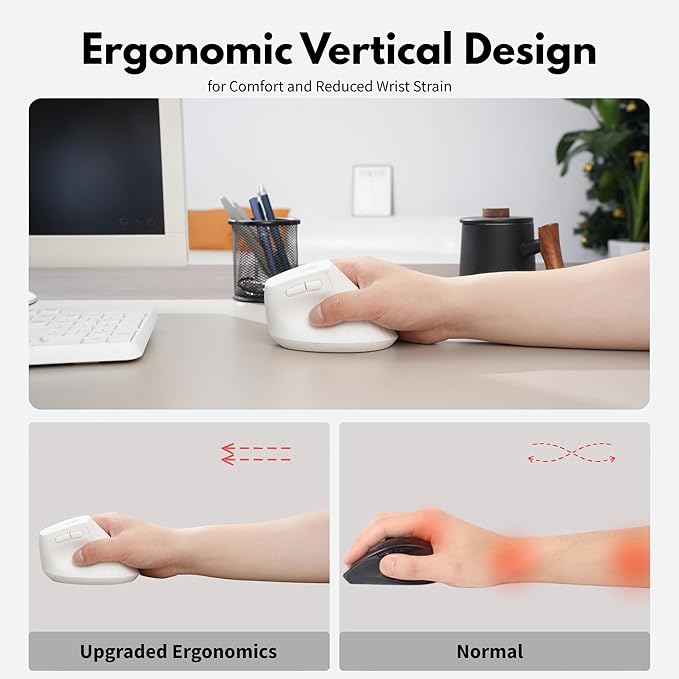 Vertical Wireless Mouse,Bluetooth Mouse with BT5.0/4.0/2.4G, Rechargeable Mouse with Battery Indicator,Ergonomic Design for Comfort and Reduced Wrist Strain, Ideal for Home& Office Use (White)