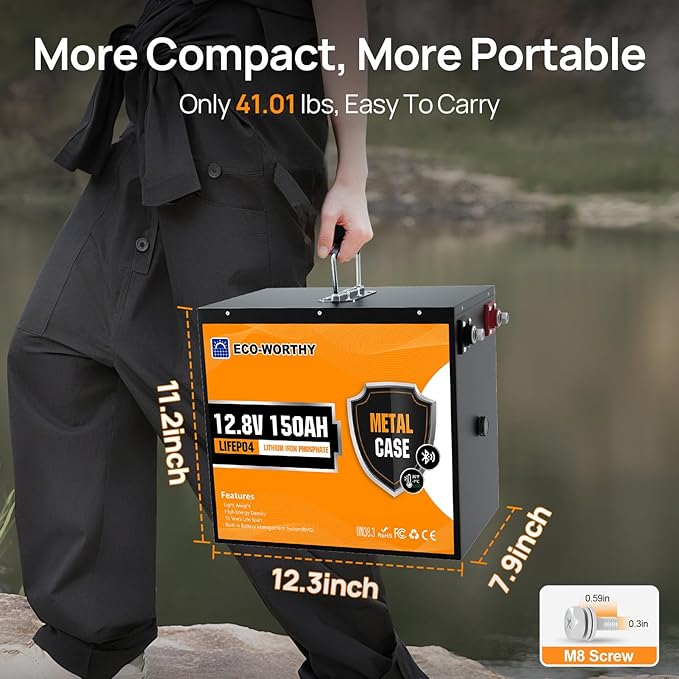 ECO-WORTHY 12V 150Ah Metal Case LiFePO4 Lithium Battery with Bluetooth, Low-Temp Protection, Rechargeable Deep Cycle Battery with 120A BMS, Ideal for Solar, RV, Camper, Marine, Trolling Motor