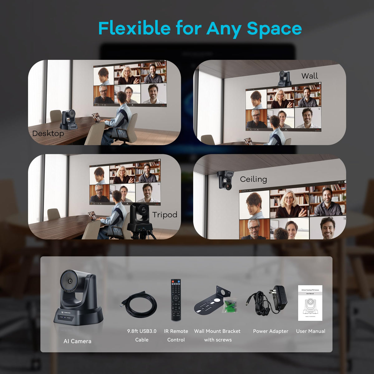 TONGVEO 3X Optical Zoom PTZ Camera AI Auto-Tracking HDMI USB 3.0 1080P 60fps Wide-Angle for Video Conference Business Meeting Live Streaming Online Learn with Zoom YouTube Teams OBS and More