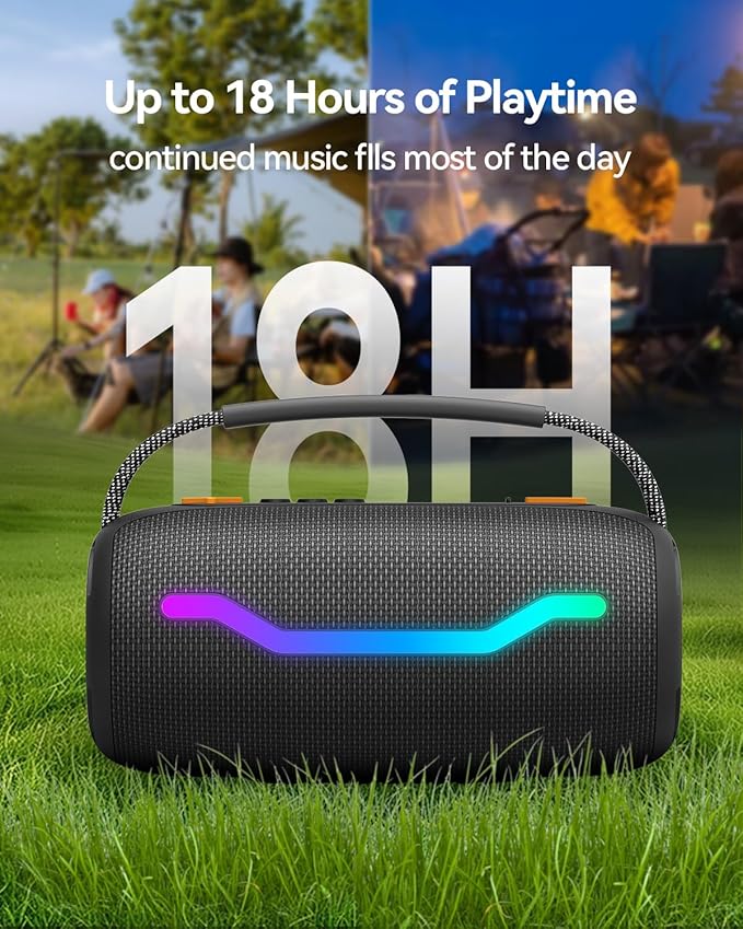 Portable Bluetooth Speaker with Light, Loud Sound and Deep Bass, IPX6 Waterproof, Up to 18H Playtime, TWS Pairing, Support Bluetooth/AUX/USB/TF Card for Home, Party, Outdoor and Travel (Black)
