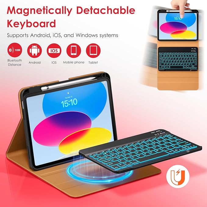 DTTO for iPad (A16) 11th / 10th Gen Case with Keyboard, Bright Red