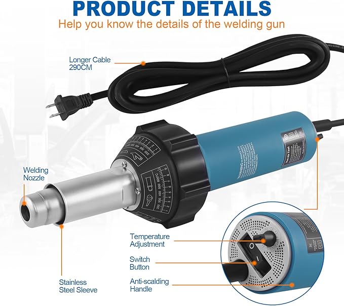 Iglobalbuy 1500W Hot Air Plastic Welder Plastic Welding Roofing Kit Vinyl PVC TPO Welding Handheld Plastic Hot Air Heat Gun Welding Torch with Various Nozzles