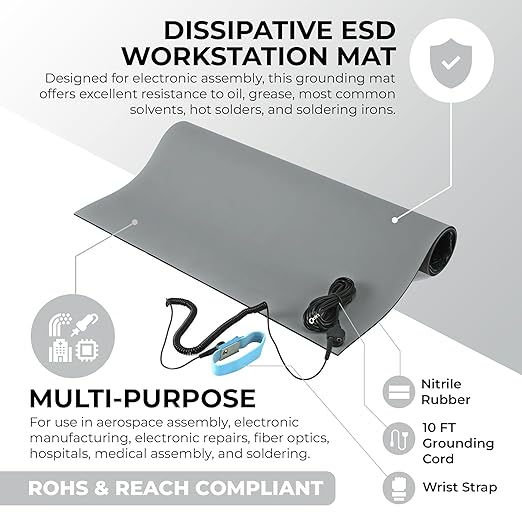 MWRF Source ESD Mat Kit with Wrist Strap and Grounding Cord (2 FT x 3 FT x 0.12 Inch, Grey)