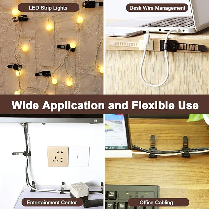 Adhesive Cable Management Clips, 100Pcs Adjustable Nylon Cable Strap Ties Wire Clips Clamps Organizer with Strong Adhesive Tape, Extra Screw & Hole for Strong Fixation Home Office - 3.55 Inch Black