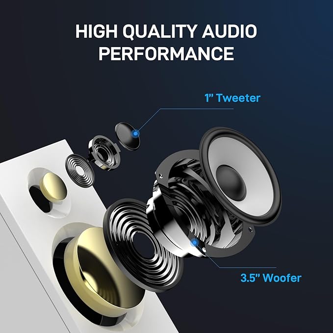 BT16 Active Bookshelf Speakers 3.5" Woofer with 1" Tweeter, 60W RMS-Bluetooth 5.3, Built-in 24bit DAC USB Dynamic 3D 2.0 Surround Sound, Computer Gaming PC Speakers - White