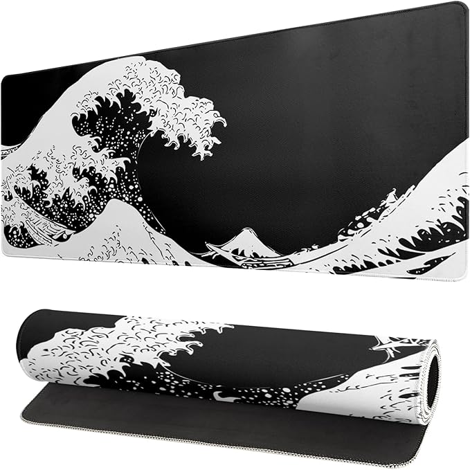 Japanese Sea Wave Large Mouse Pad, Abstract Black Gaming Mousepad, Extended Kanagawa Mat Desk Pad, 3mm Thick Long Non-Slip Rubber Base Mice Pad for Office and Home, 31.5x11.8 Inch