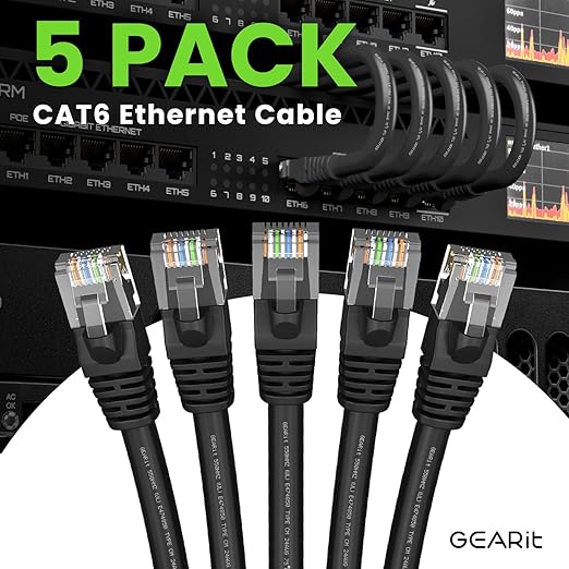GearIT Cat 6 Ethernet Cable Pack - 5-Pack 50 ft Cat6 Ethernet Patch Cables | RJ45 Network Patch Cable, 10 Gbps Snagless Gold-Plated Connectors - Ethernet Cable Cat 6 for PC, TV, Router - Black