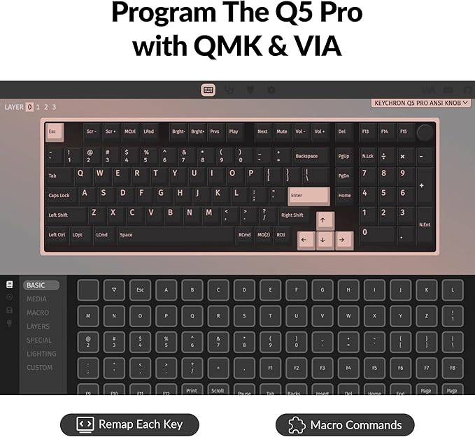 Keychron Q5 Pro QMK/VIA Wireless Custom Mechanical Keyboard, 96% Layout with Programmable Knob, KSA Double-Shot PBT Keycaps with Hot-swappable K Pro Banana Switch for Mac Windows Linux - Gray