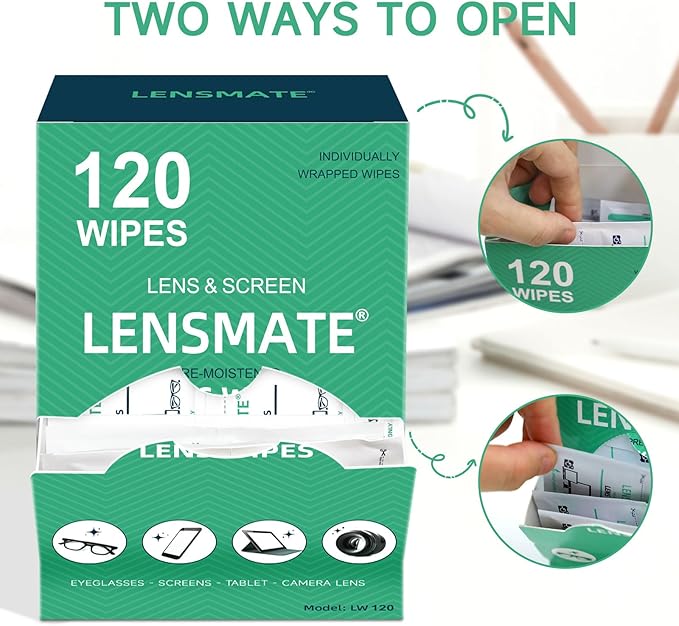 Lensmate 120 Count Lens Wipes for Eyeglasses, Pre-Moistened & Individually Wrapped Eyeglass Wipes, Lens Cleaning Wipes for Eyeglasses, Sunglasses, Goggles and Camera Lens