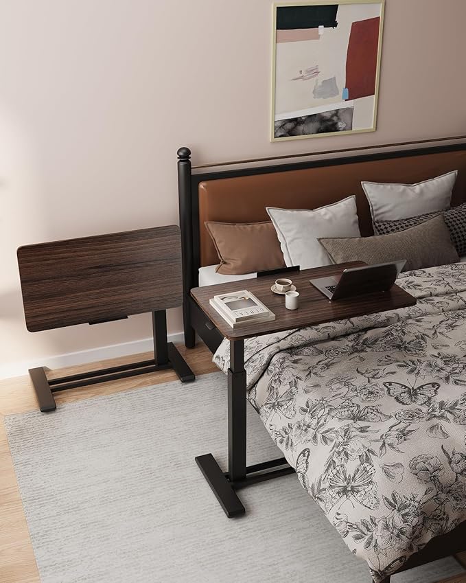 FLEXISPOT H7 PRO Mobile Standing Desk Adjustable Overbed Table Pneumatic with Wheels 90°Tiltable Portable Laptop Desk Rolling Computer Cart Foldable Bedside Table(27.6" W x 15.7" D, Rustic Brown)