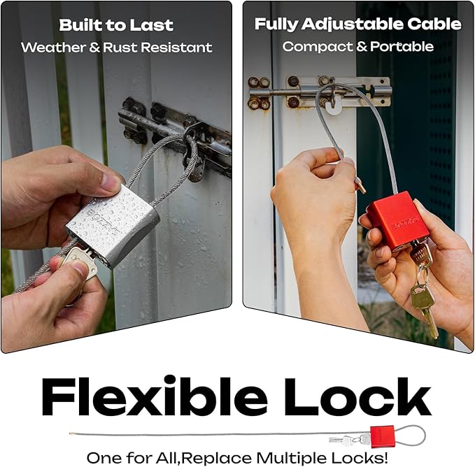 Cable Padlock with 3 Keys | L 1.15ft(0.35m),D 1/6in(4mm) Adjustable Steel Cable Lock | Aluminum Locks for Bikes, Gate, Lockers & Outdoor Gear | Weatherproof & Red