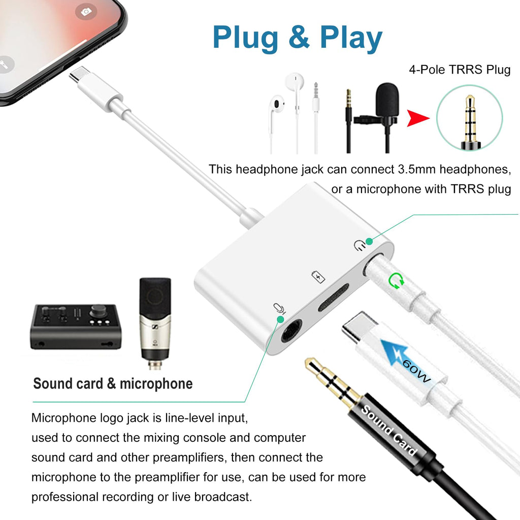 USB C to Microphone Adapter USB-C to 3.5mm Audio Adapter for Live-Streaming