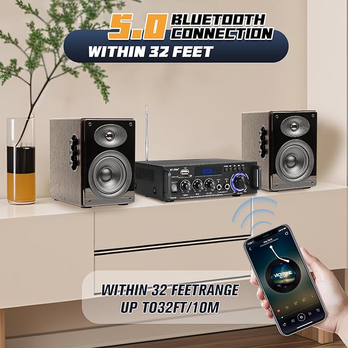 Stereo Audio Amplifier, 300W Home 2 Channel Wireless Bluetooth 5.0 Power Amplifier System, Home Amplifiers FM Radio, USB, SD Card, with Remote Control Home Theater Audio Stereo System