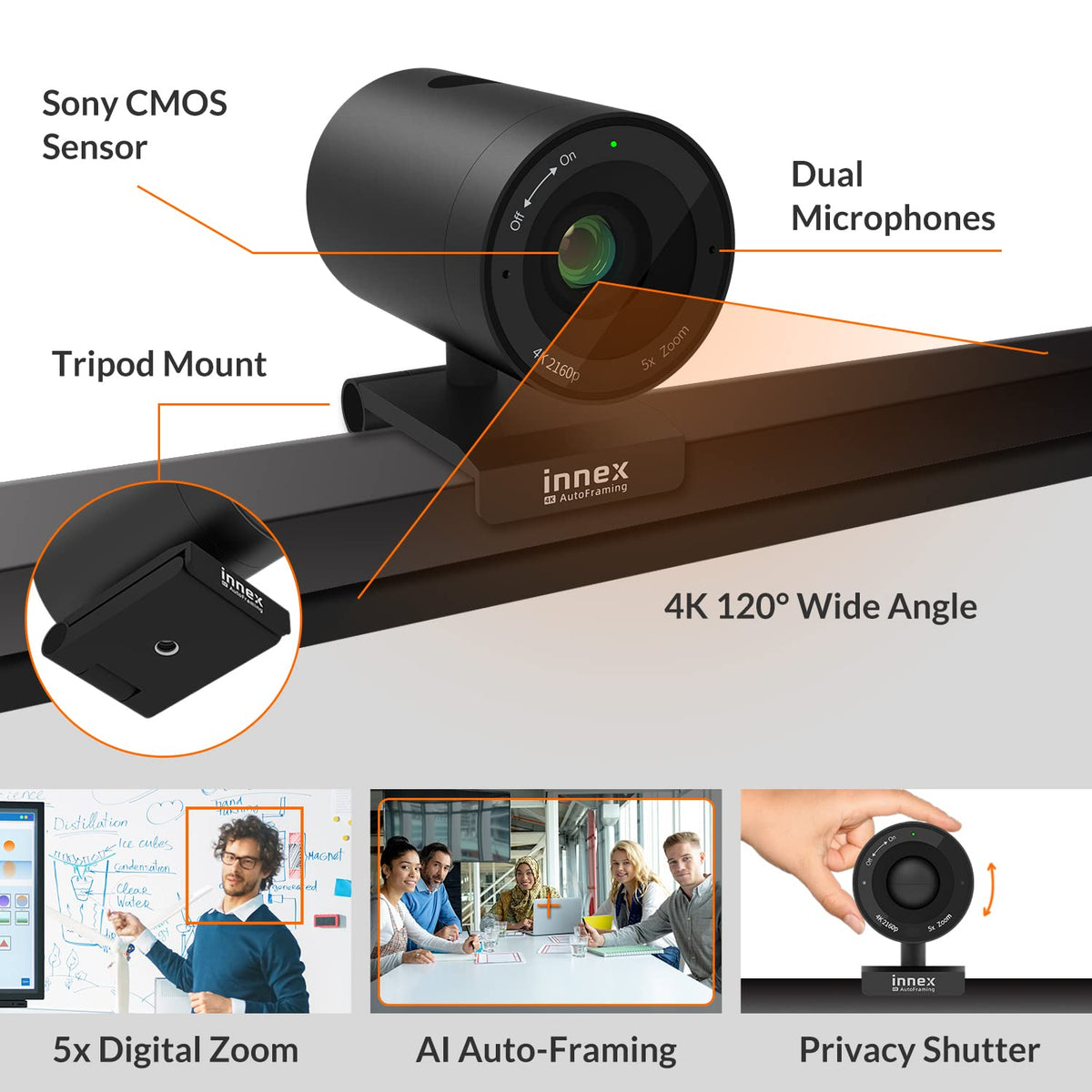 Innex C831 180° Panoramic 4K Wide Angle Webcam with Microphone, AI Facial Tracking for Windows, Mac, Easy Setup Conference Room Camera with Flexible View Angle for Meeting Room, Huddle Space