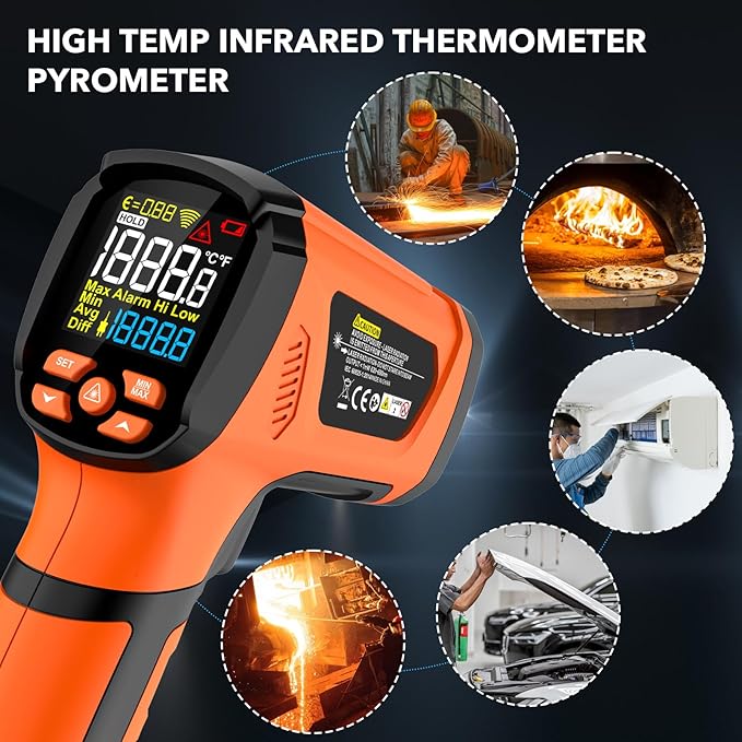 MESTEK Infrared Thermometer Temperature Gun -40℉~2912℉, High Temp Thermometer with Thermocouple Probe, Non-contact Digital Laser Thermometer Gun 50:1 Pyrometer for Industrial HVAC Forge Metal Smelting