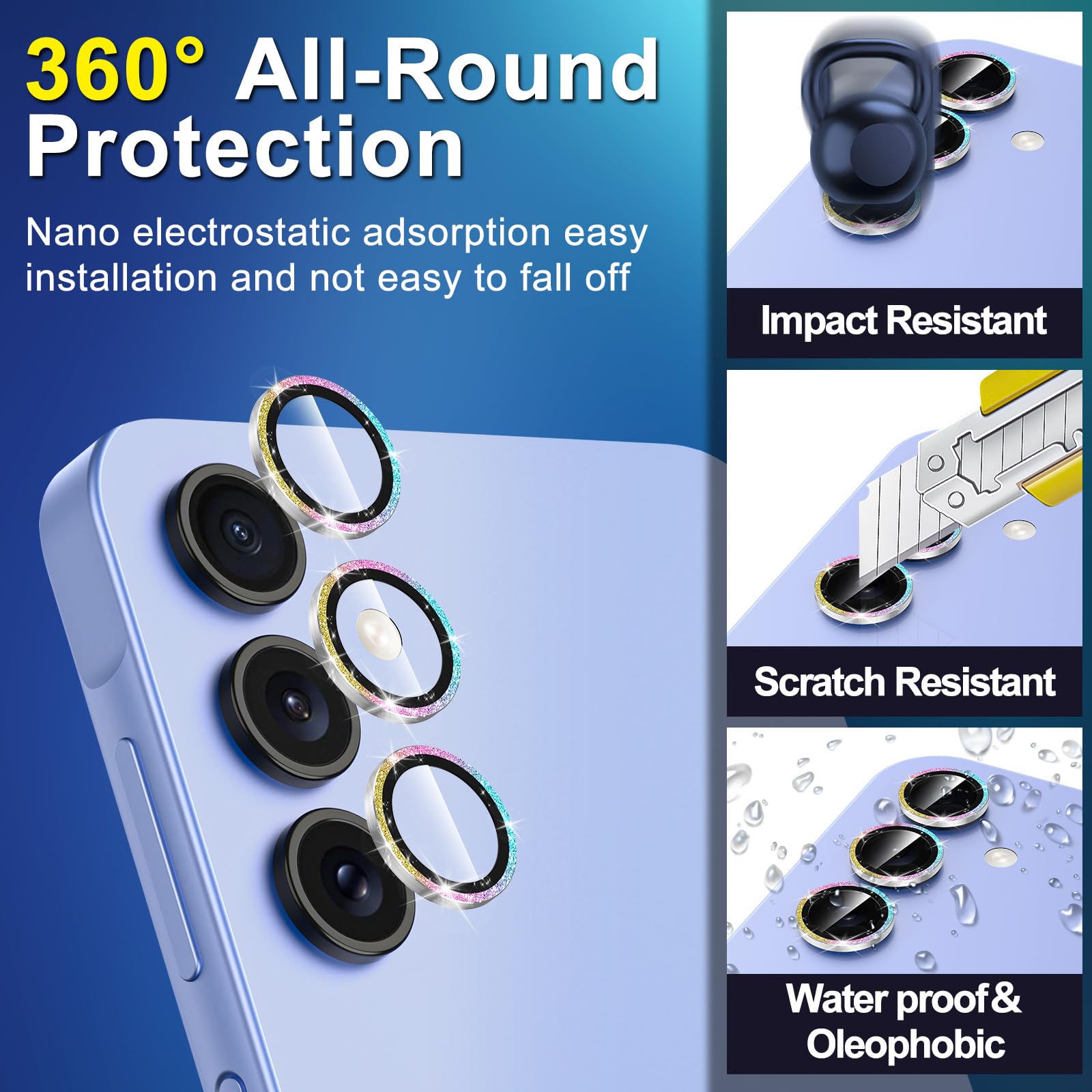 Avocase for Samsung Galaxy A35 5G Camera Lens Protector, Individual Metal Ring Tempered Glass Lens Cover, [Strong Adsorption] Scratch Resistant Ultra-Thin HD Clear Lens Cover, 1 Set-Colorful Sparkly