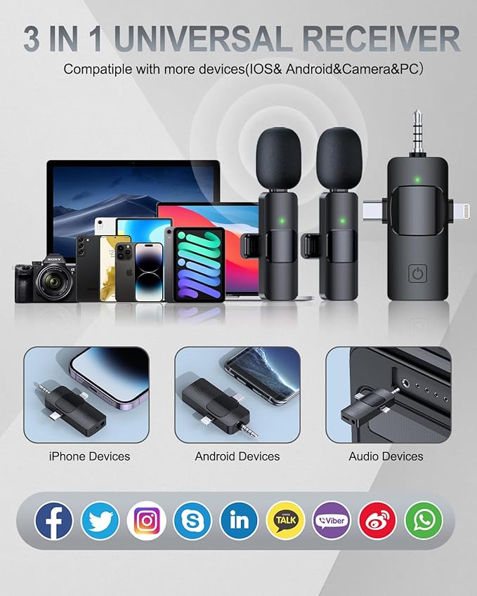 PQRQP 3 in 1 Professional Wireless Lavalier Microphone for iPhone, Android, Camera, Wireless Microphones, Mini Microphone, Crystal Clear Sound Quality for Recording, Live Streaming, YouTube, TikTok