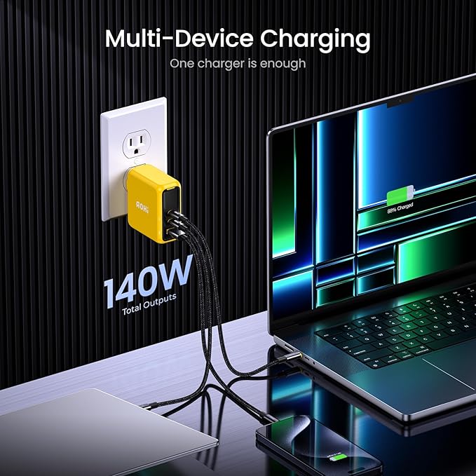 AOHI Magcube 140W USB C Charger PD3.1 3-Port GaN+ Laptop Wall Charger 100W Fast Charging Power Adapter Foldable Plug for MacBook Pro 16'', Dell XPS, iPad Pro, Galaxy, iPhone 15 Pro, Chromebook, Yellow