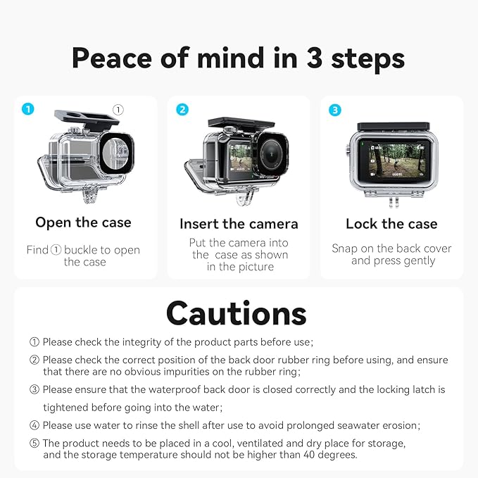 TELESIN Waterproof Case for DJI Action 5 Pro Action 4/3 Camera, with Anti-Fog Underwater Housing Shell Cage Supports 45M/148FT Deep Diving Scuba Snorkeling Swimming with Quick Release Screw