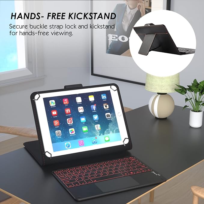 TouchPad Keyboard case for 9",9.7",10.1",10.2",10.5",10.9",11" Tablets,2-in-1 Bluetooth Wireless Keyboard with Touchpad,7 Colors Backlit & Leather Folio Cover(Black)