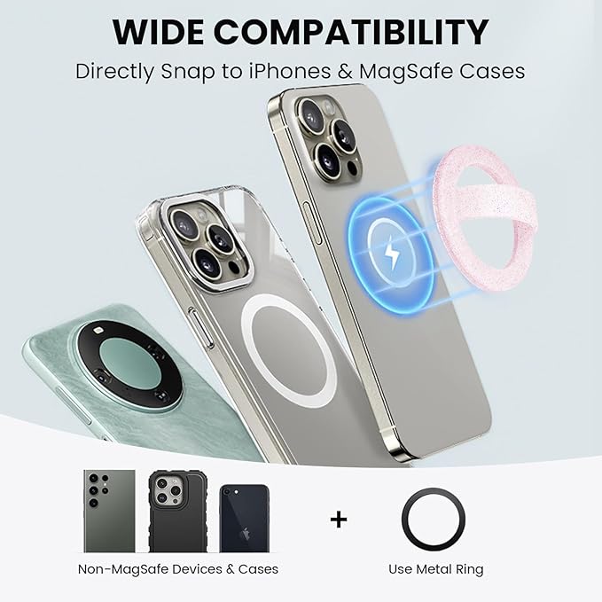 Magnetic Silicone Ring Grip Phone Holder, Loop Grip Phone Holder,Magnetic Phone Loop,Magsafe Phone Grip,Compatible with Magsafe for iPhone 16/15/14/13/12 Series (Pink Sparkle)
