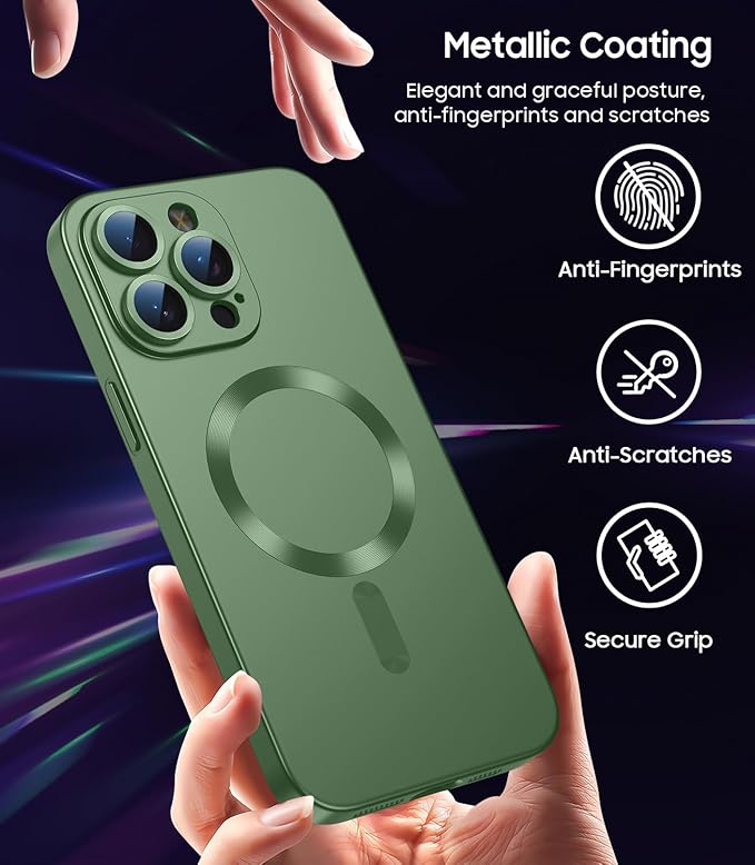 Magnetic for iPhone 15 Pro Max Case [Compatible with MagSafe][Built-in Camera Lens Protector] Slim Soft Silicone Bumper Shockproof Metallic Luster Phone Case (Green)