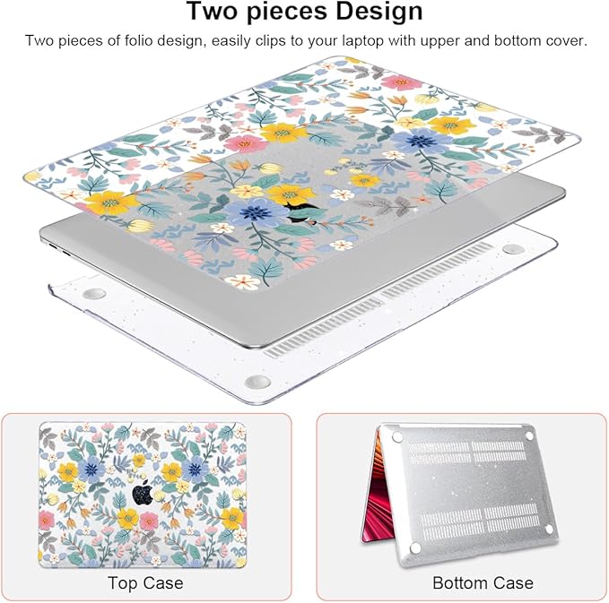 for MacBook Pro 13-inch Case 2022 2021 2020-2016 Release M2 M1 Chip A2338 A2251 A2289 A2159 A1989 A1706, Shiny Clear Pattern Plastic Hard Shell Case Keyboard Cover Screen Film, Flowers L213