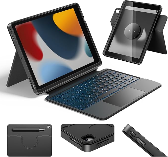 HOU iPad 9th Generation Case with Keyboard(8th/7th gen),iPad Air 3 & Pro 10.5" 360° Rotatable&Detachable Combo,Ultra-Silent Keys,7-Color Backlit,50H Battery,Lightweight Cover,Portrait/Landscape,Black
