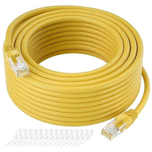 Cat5e Ethernet Cable 300 FT, Long Cat 5e Internet Cable, Yellow Snagless Patch Cord, Flexible, Network, LAN, PoE, Standard RJ45 Connector for PC, Server, Router, Modem, TV, PS5 - with 15 Cable Ties