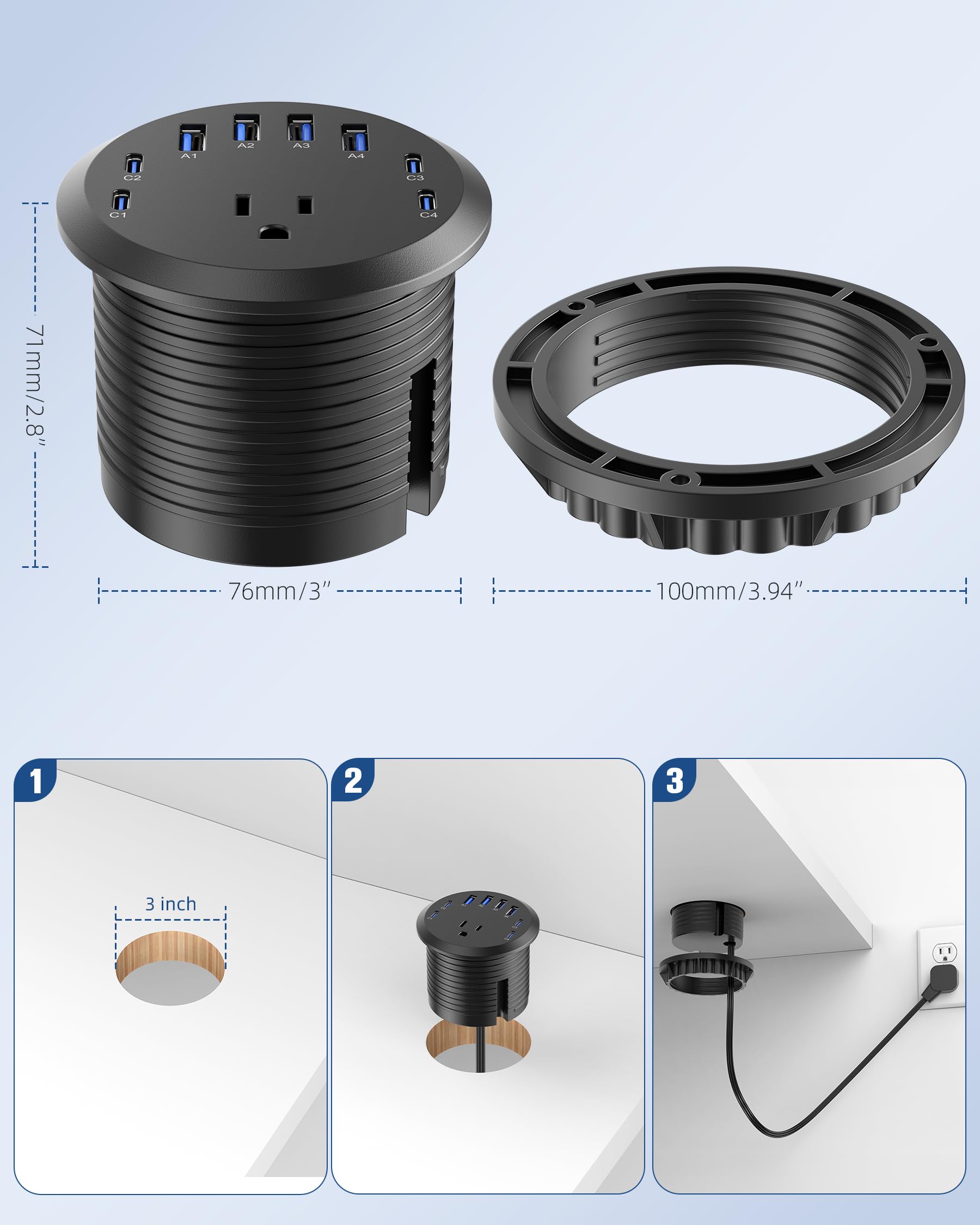 3 inch Desk Power Grommet USB C 65W,Ultra-Flat Plug Power Strip